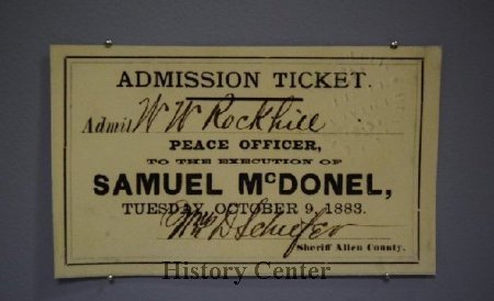 Sam McDonald hanging admission ticket, 1883